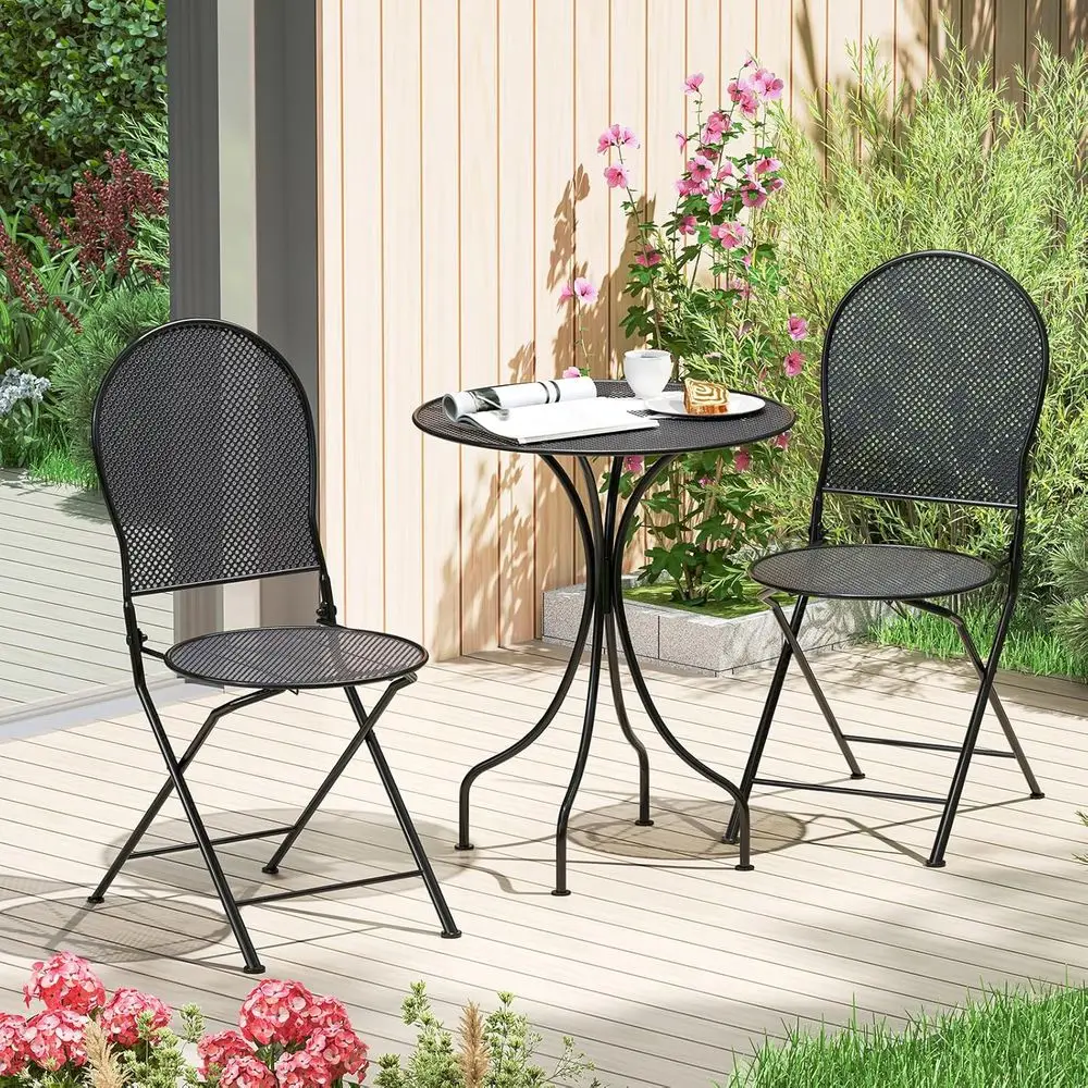 3-Piece Outdoor Patio Bistro Set with Metal Table and 2 Folding Chairs