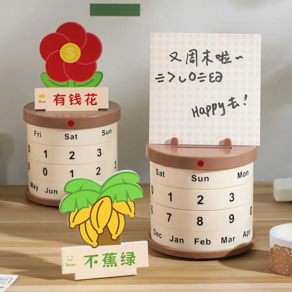 

Reusable Plant Pot Perpetual Calendar Non-slip Bottom Date Rotatable Art Rotating Desk Calendar with Wood Card Quiet