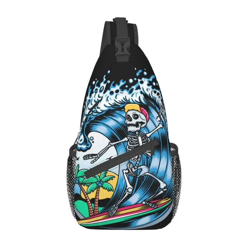 Bolsa de peito crossbody masculina, mochila casual de ombro, surfista, caveira, surf, caminhada, verão