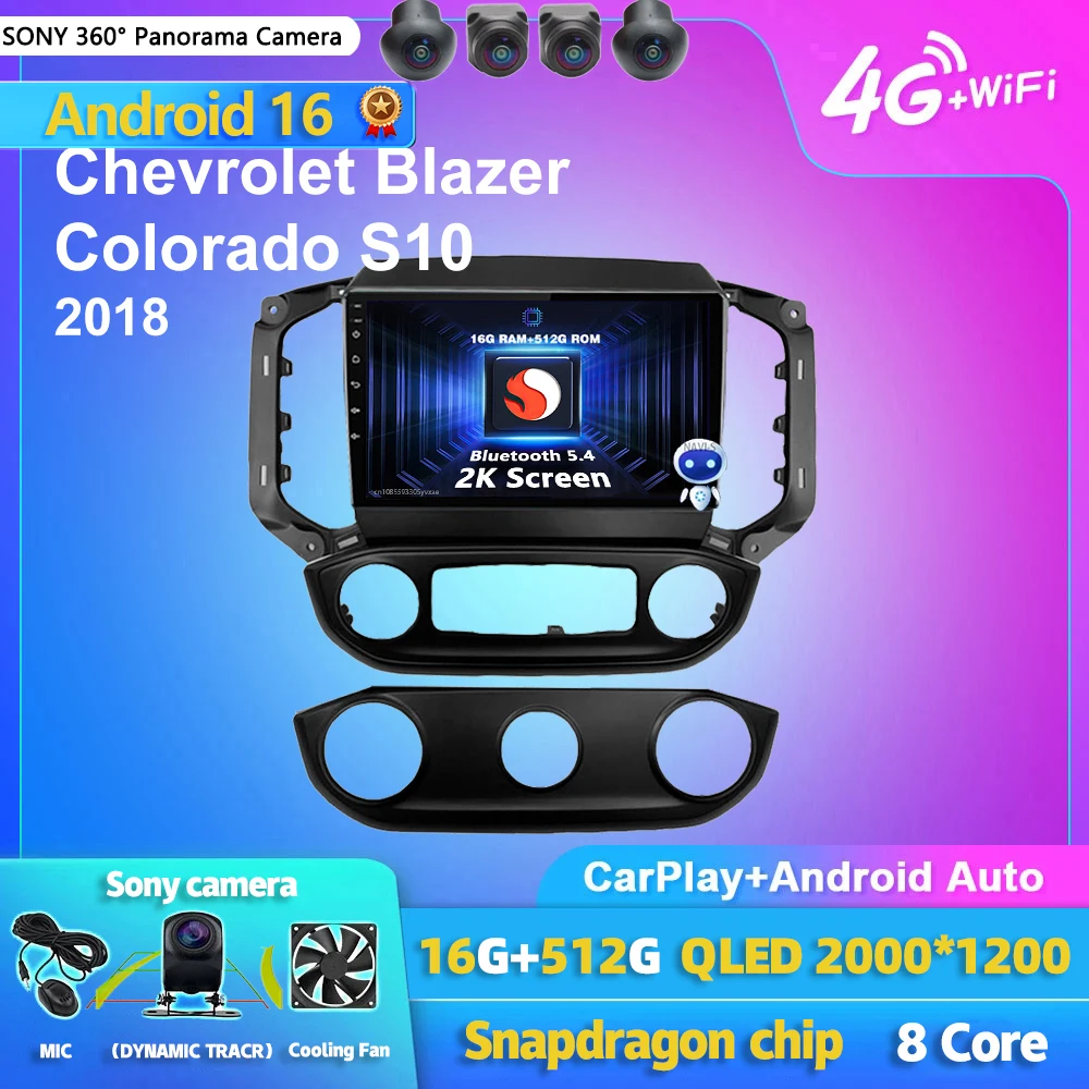 Rádio Automotivo Multimídia com Tela 2K Android 16 Carplay Auto para Chevrolet Blazer Colorado S10 2018, Unidade Central Estéreo.