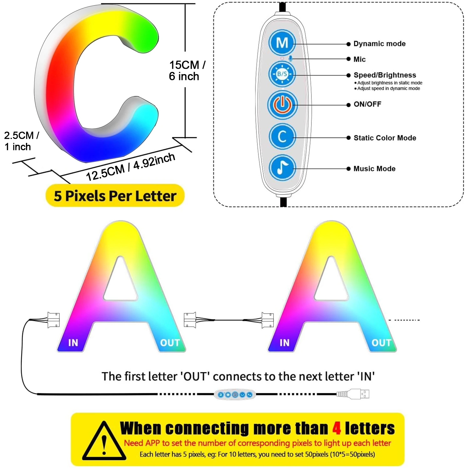 Led Lights Alphabet Music Sync Color Changing Strip Light Smart App Home Gaming Room Christmas Party Decor Night Light Letter C