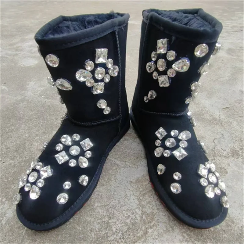 Luxury rhine-diamond accessories Fur integrated snow boots Handmade custom banquet party large size warm boots 35-44