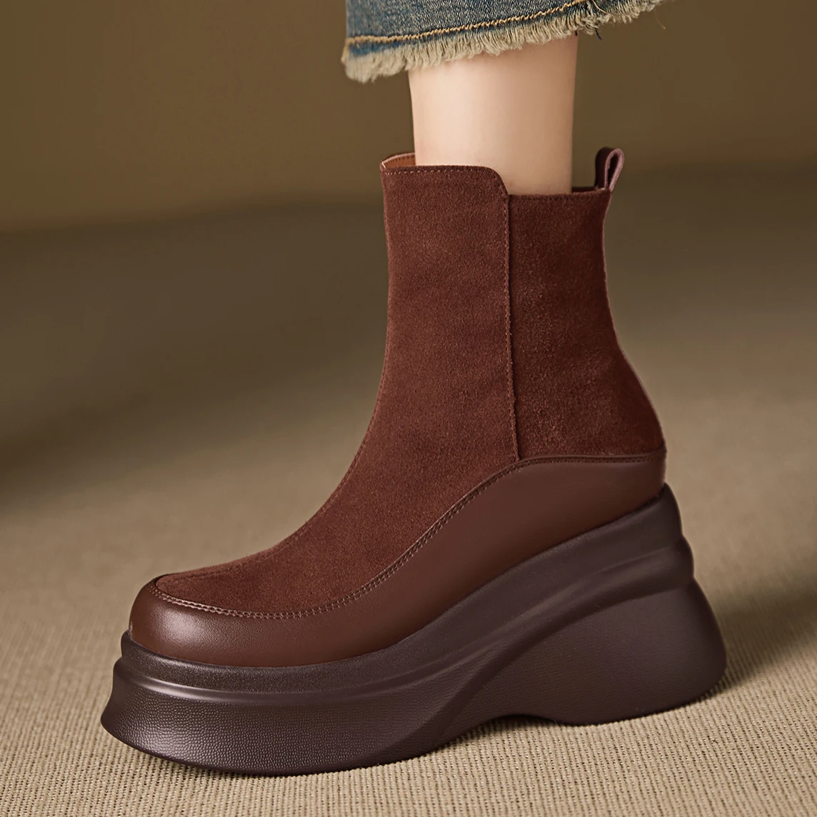 LIHUAMAO Suede Cow leather Chelsea motorcycle boots women shoes chunky heels platform boots outdoor footwear pumps work boots