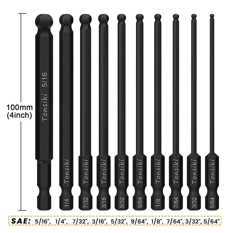 10Pcs SAE Ball Screwdriver Bits 100mm Ball Head Allen Wrench Drill Bits Magnetic Screwdriver Set