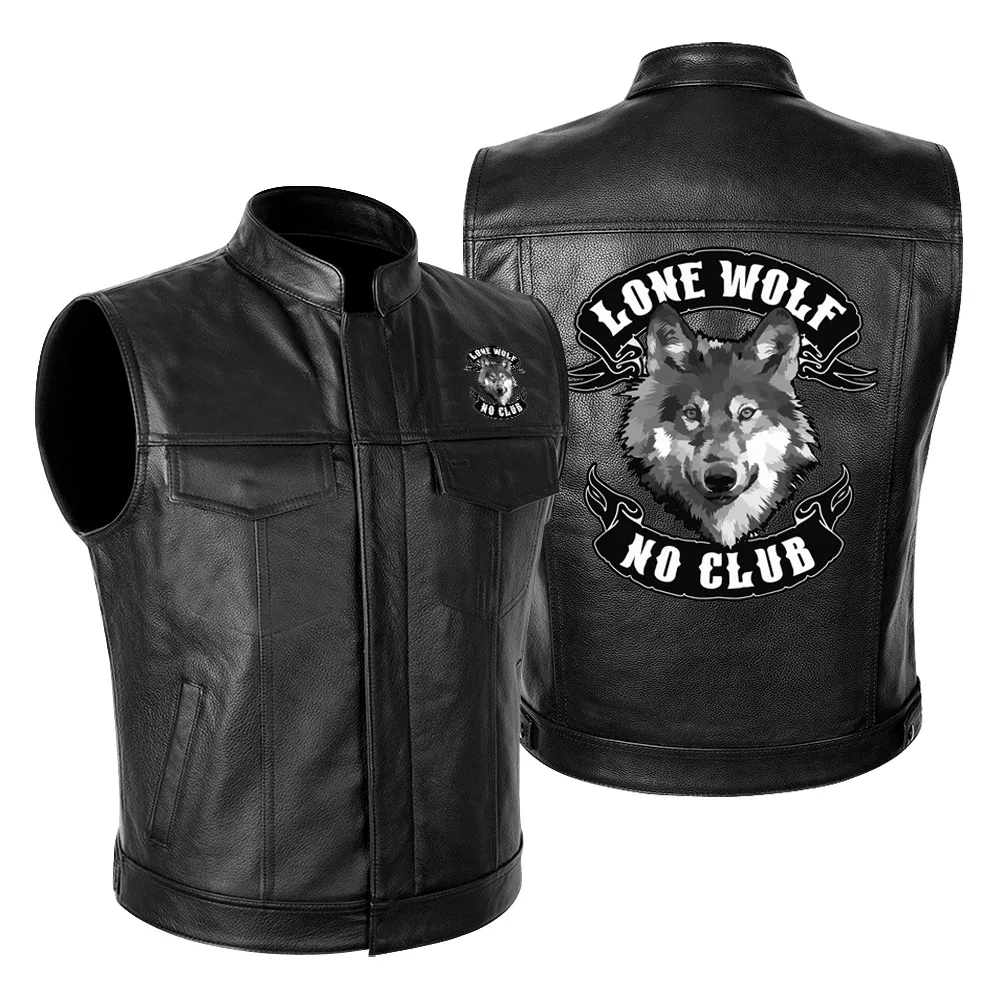 Black Men Motorcycle Rider Vest  Fashion Printed Wolf Warrior Autumn Winter Motorbike Male Leather Waistcoats Trendy