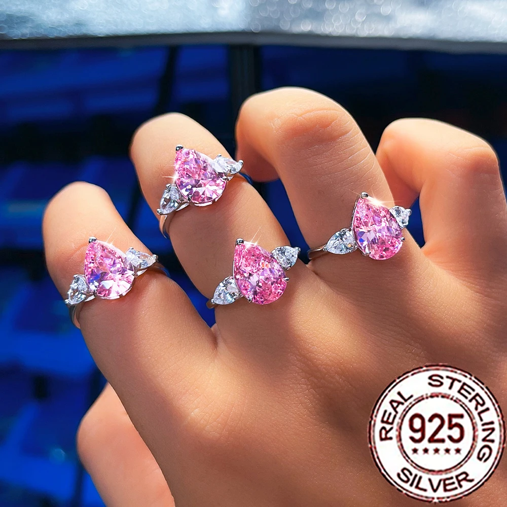 QooLady Verlobungs- und Ehering aus 925er-Sterlingsilber mit rosa Tropfenform und CZ-Seiten in Weiß, zierlicher, feiner Schmuck, Geschenk für Frauen, SR115 – Detail 5