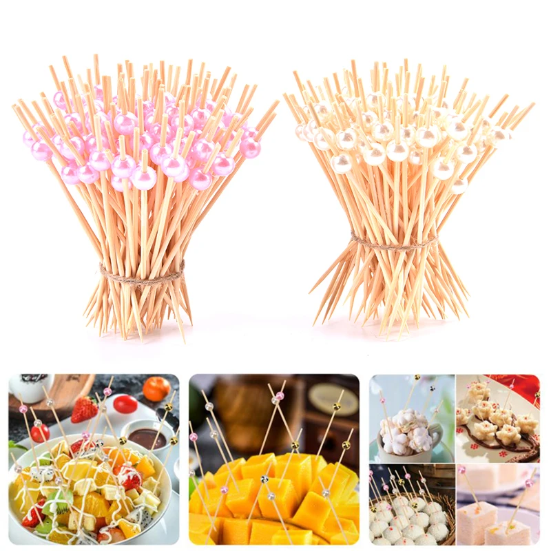 100Pcs Pearl Cocktail Picks Wooden Toothpick Skewer Snack Fork Fruit Picks