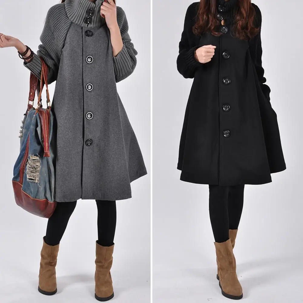 Women Coat A line Single breasted Loose High Collar Big Buttons Neck Solid Color Plus Size Autumn Coat for Work