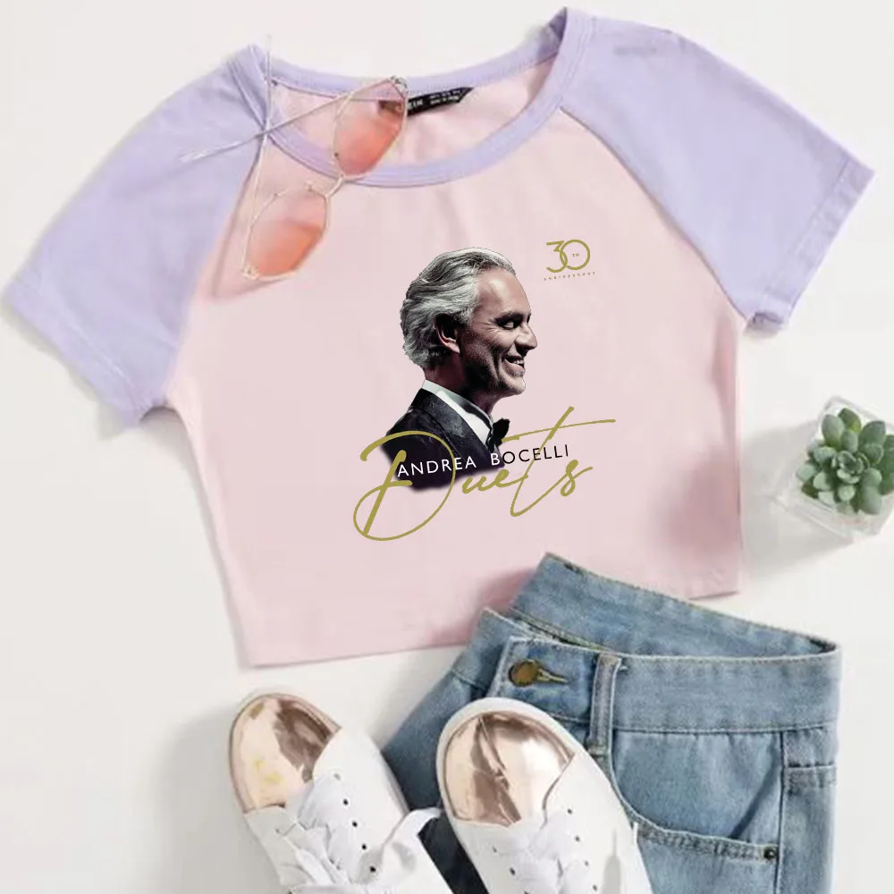 Andrea Bocelli Duets: 30th Anniversary Crop Tops T-Shirt Women Girls Fashion O-Neck Short Sleeves Fans Gift Tops