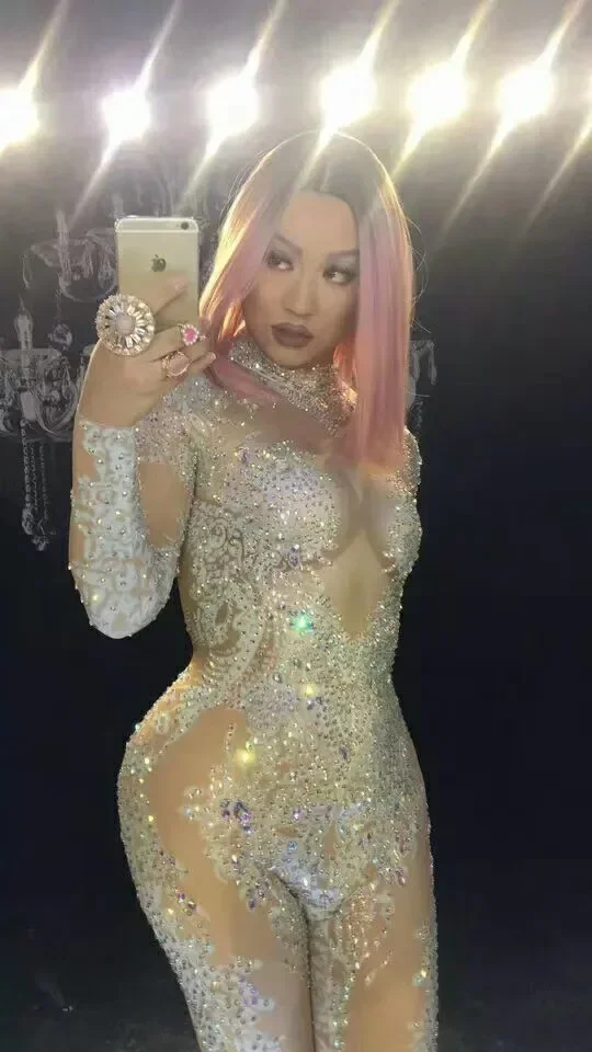 Nude Shining Sparkly Rhinestones Long Sleeves Sexy Jumpsuits For Women Nightclub DJ Pole Dance Wear Stage Drag Queen Outfits