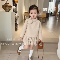 Kids Clothes Girls Pullover Bowknot Top Retro knitting Elegant Pleated Skirt Two Piece Set Girls Sweater Fashion Spring Autumn