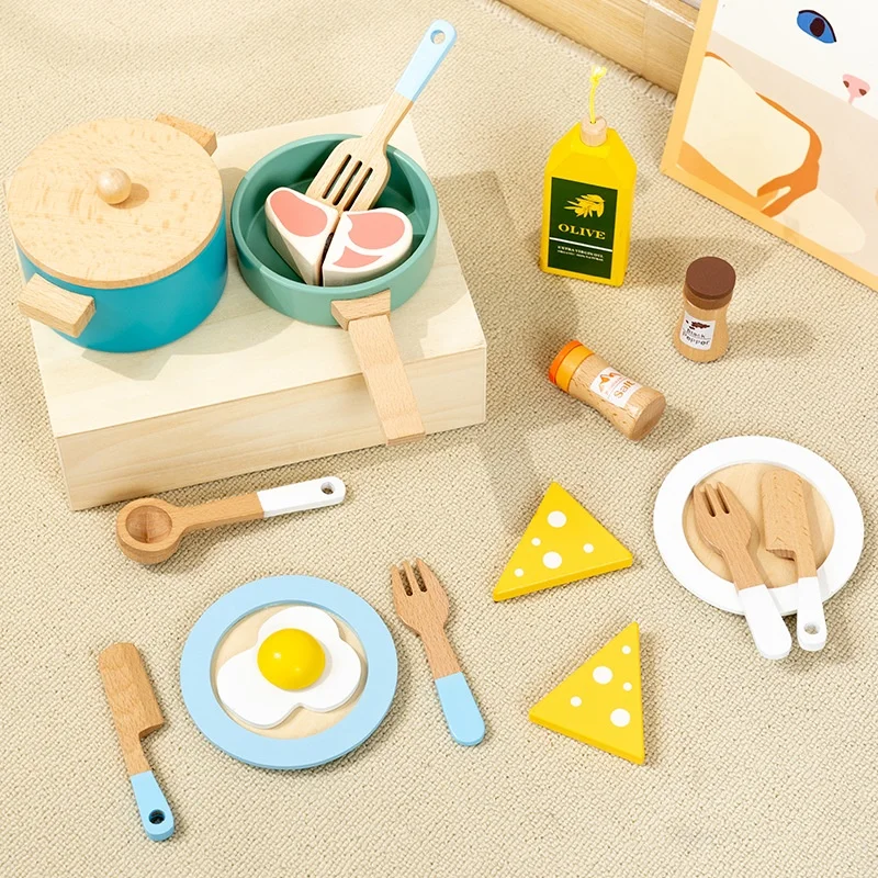 LazyChild Kids Educational Kindergarten Wooden Mini Imitation Kitchen Set Girls Cooking Pretend Play Toy