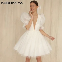 RODDRSYA V-Neck Pearl Puff Short Sleeve Wedding Dresses Sexy Backless Mini A-line Custom Made Ivory Tulle Vestidos De Novia