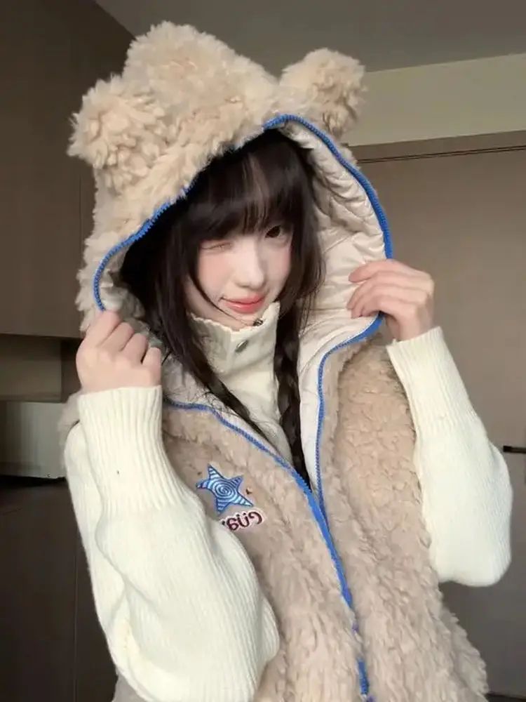 

Women's Bear Ear Hooded Cotton Jaet Lamb Fur Lined Oversized Versatile Winter Outerwear Korean Sle Thiened No-Sve Coat