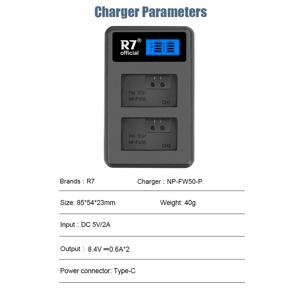 2000mAh NP-FW50 NP FW50 Battery + LCD USB Dual Charger for Sony A6000 A6400 A6300 A6500 A7 A7II A7RII A7SII A7S A7S2 A7R