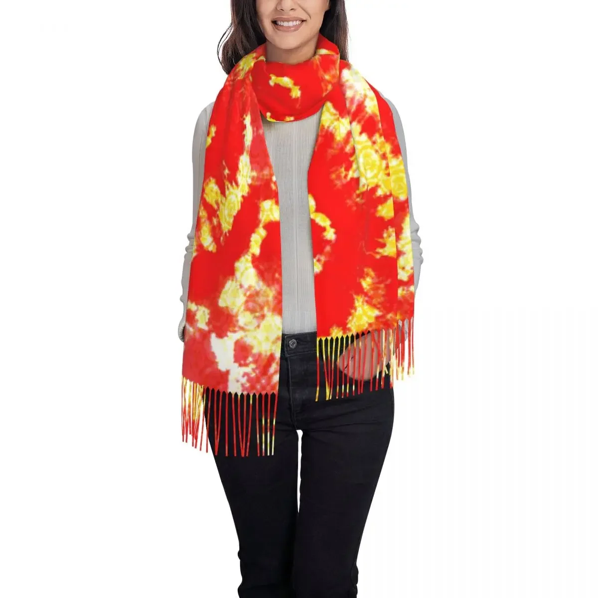 Tie Dye Dreams Scarf Womens Red And Yellow Large Scarves with Tassel Winter Retro Shawl Wrap Outdoor Printed Bandana