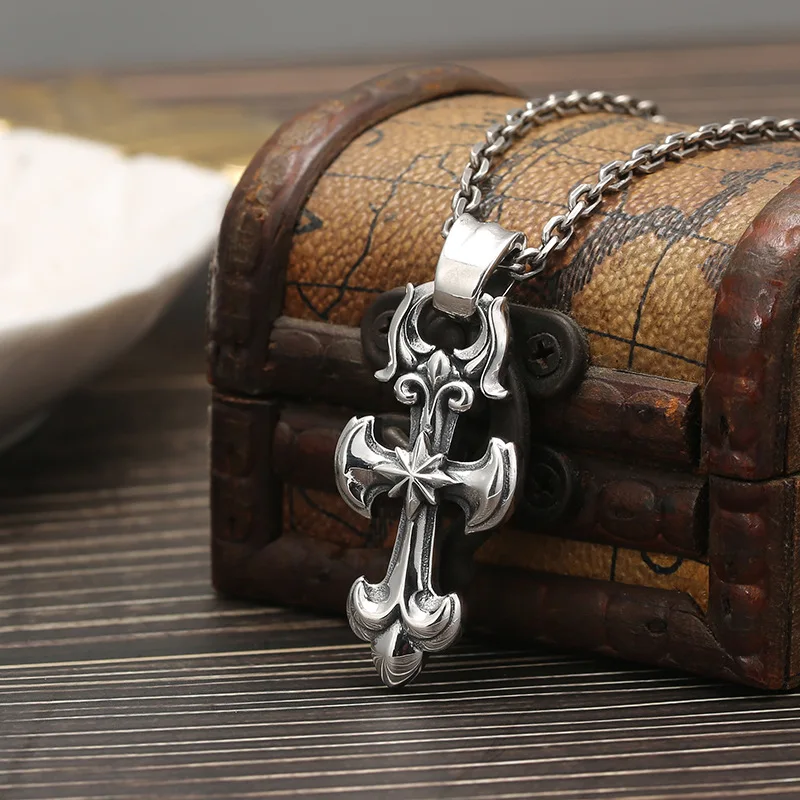 S925 sterling silver anchor style cross necklace men's fashion retro personalized pendant ornament hip hop punk couple style