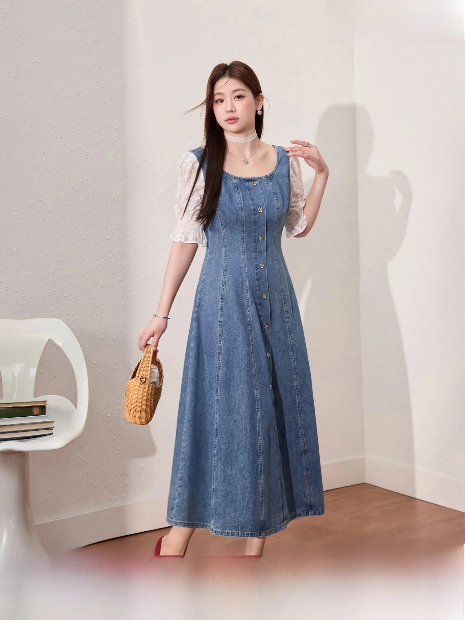 

Синяя джинсовая юбка больших размеров в стиле ретро с эффектом похудения, пэчворк, приталенная, из смесового хлопка и полиэстера, летняя, для работы, длинная