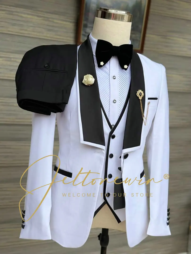 

Men's White 3 Piece Tuxedo Suit Set with Black Trim Single Breasted Slim Fit Formal Wear for Wedding Groomsmen Party Event Eveni