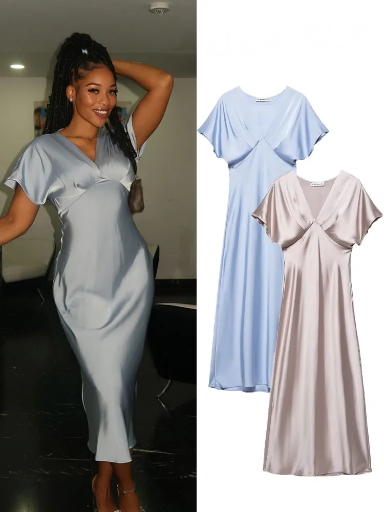 HH ชุดเดรสแฟชั่นฤดูใบไม้ผลิของผู้หญิง เนื้อผ้าซาตินไหมที่ให้ความรู้สึกสบาย แขนสั้น ซิปด้านข้าง จับจีบสไตล์เรโทร ชุดเดรสสไตล์ชุดนอน