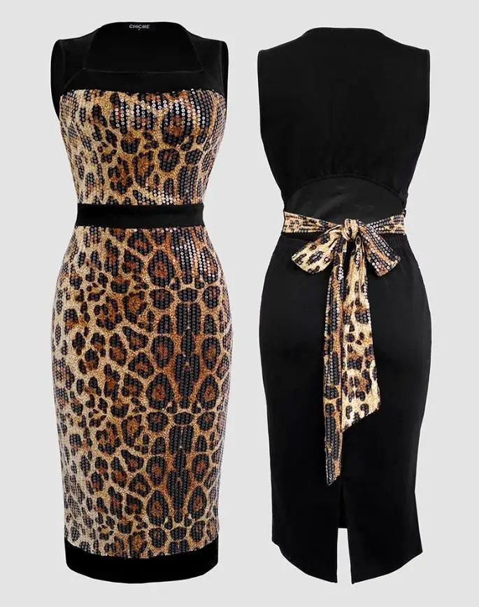 Vestidos femininos nova decoração de lantejoulas leopardo impressão laço volta vestido de noite cinched cintura recorte fenda volta fino ajuste vestido de festa