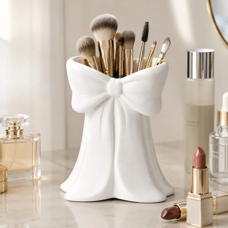Organizer per Trucchi Stampato in 3D a Forma di Nastro, Elegante Porta Pennelli Cosmetici a Fiocco, Contenitore per Vanity, Decorazione da Scrivania e