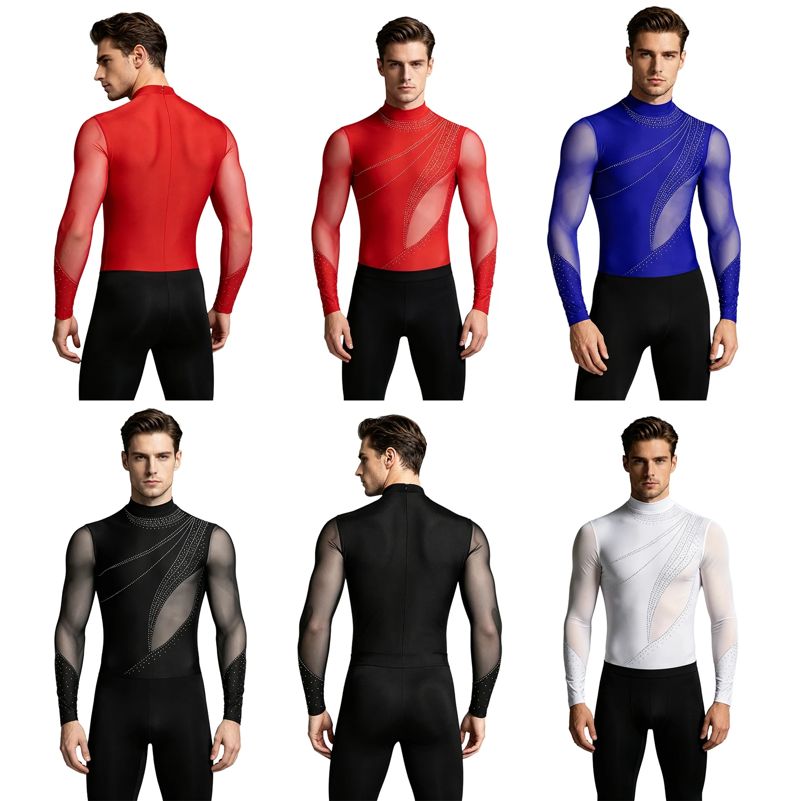 Herren Gymnastik Latin Ballett Tanz Performance Eiskunstlauf Kostüm Glitzer Strass Mesh Trikot Overall Bodysuit Shirts – Detail 3