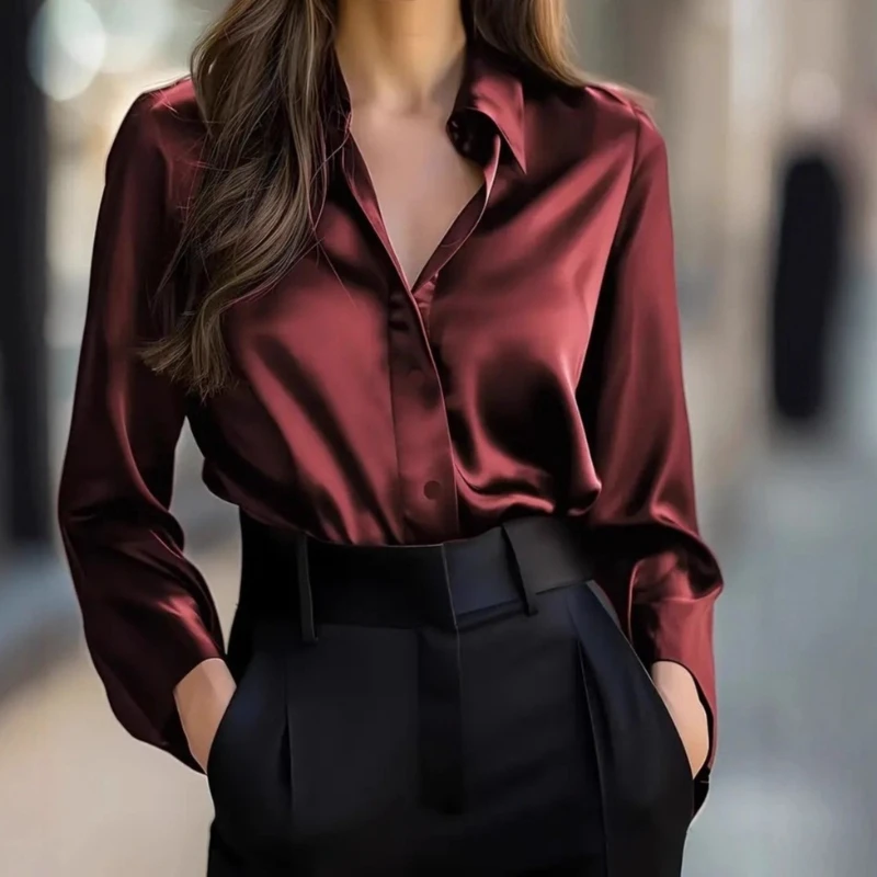 قميص نسائي أنيق بأكمام طويلة وأزرار قميص نسائي جديد من الساتان بلوزة كلاسيكية بأكمام طويلة ملابس سوداء لخريف 2025