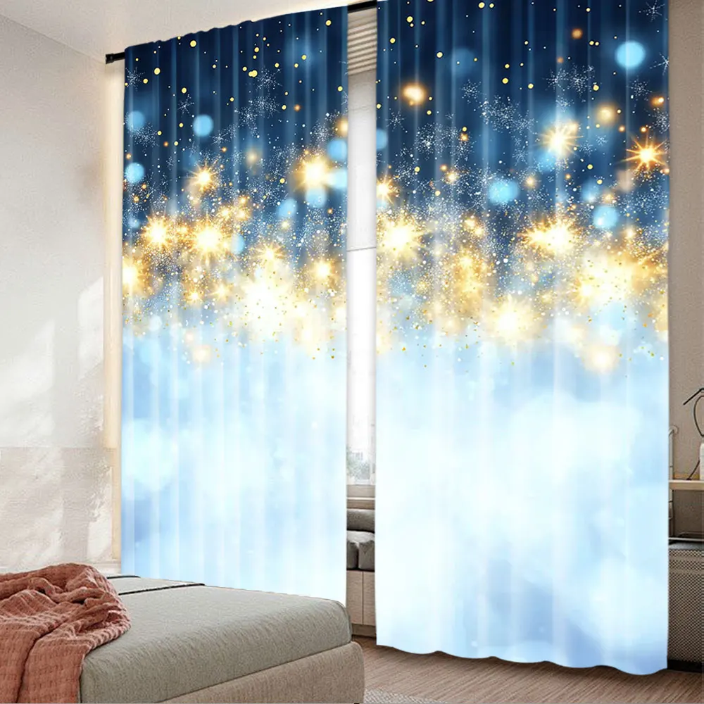 2Pcs Christmas Curtain Christmas Blue Gold White Drapes All Season Charm For Living Room Bedroom Home Decor