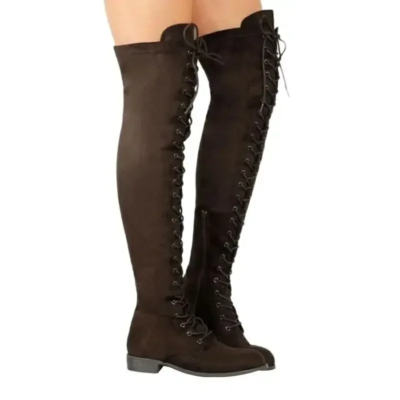 Botas por encima de la rodilla atadas cruzadas para Mujer, zapatos de tacón bajo, Botas largas hasta el muslo de gamuza Sexy, nuevo, Otoño e Invierno