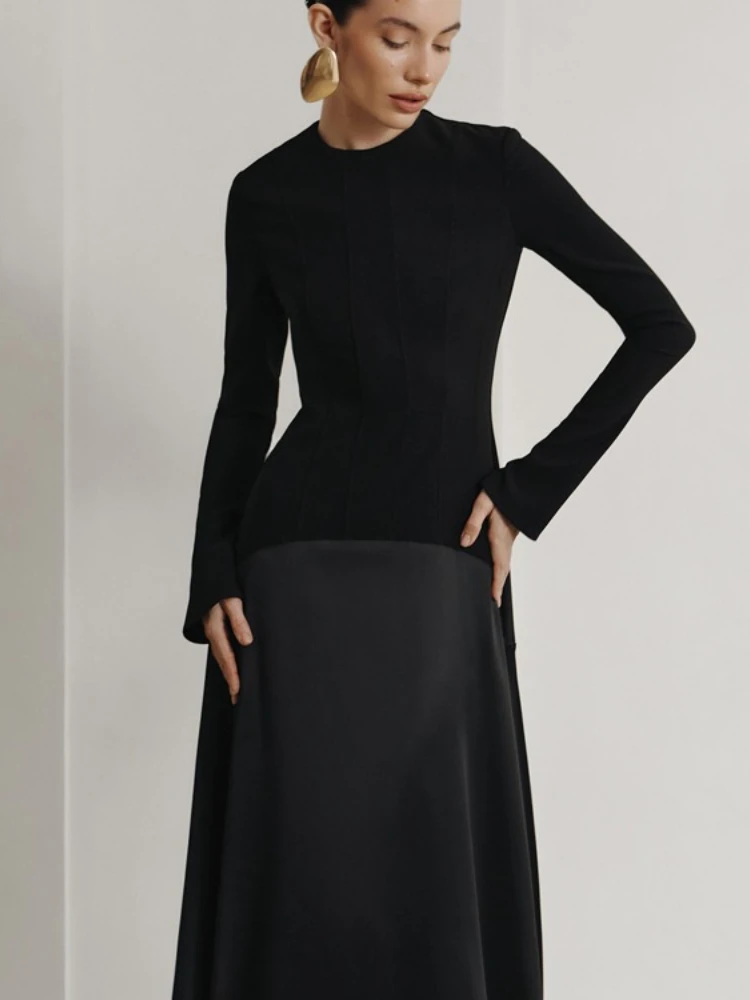 

Tossy Elegant Black Long Dress Women Slim High Waist Fashion Splicing Long Sleeves Party Dress Autumn 2025 Women's Maxi Dress