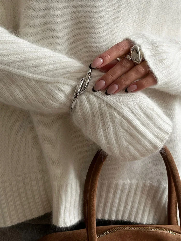 Casual Loose Ribbed Patchwork Autumn Women Knitwear Pullover Turtleneck Top Fashion White Ladies Knit Pullover