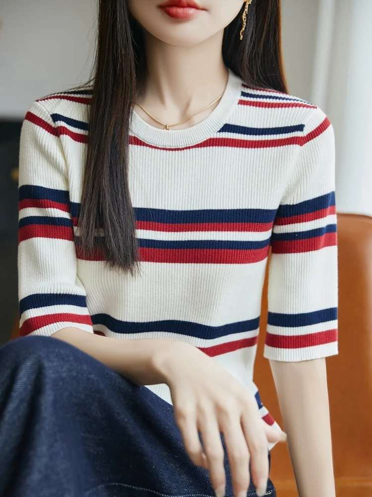 

Striped Coastline Knitwear Women's Five-Quarter Sve Thin Cotton Casual Sle Faionable Top round Ne Summer T-irt