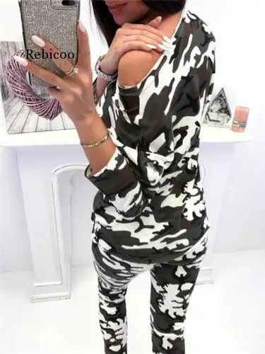 Fashion Women 2pcs Tracksuit Leopard Camouflage Print Hoodie Sweatshirt Top Casual Pants Sport Jogging Femme Two Piece Set Suits