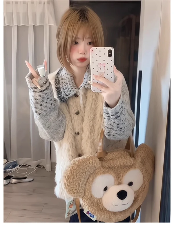 

Корейский ретро-кардиган в стиле преппи, вязаный свитер, женский осенне-зимний комплект из двух предметов: пушистый жилет и топ с воротником