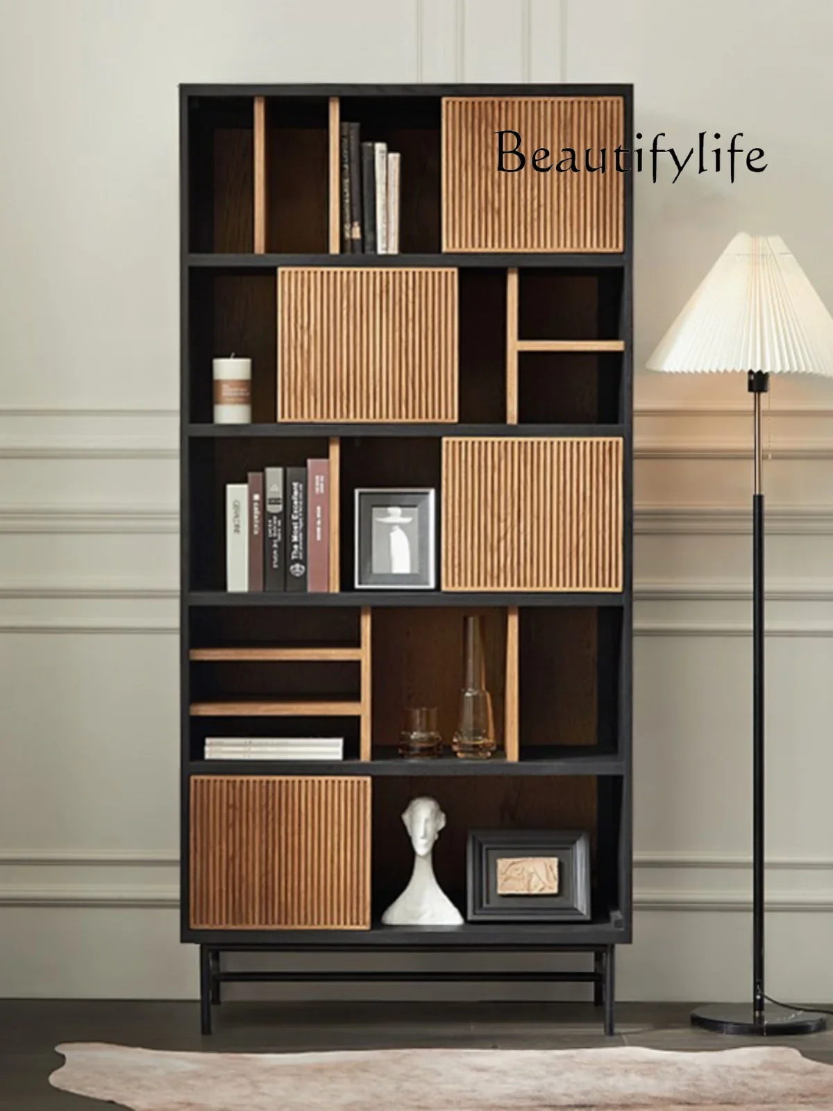 0 Modern Minimalist Color Matching Bookcase Silent Style Creative Solid Wood Display Mid-Ancient Retro Showcase