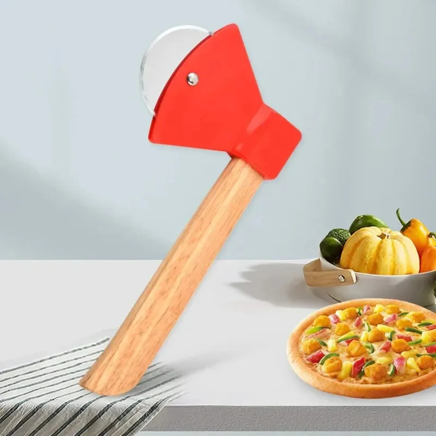 Stainless Steel Rolling Wheel Pizza Cutter Creative Wooden Handle Axe Pizza  Round Handle Cutter