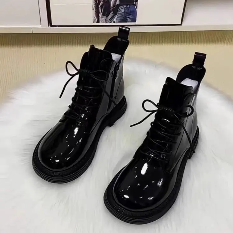 Short boots for women 2025 British autumn and winter new item  tied mango head short boots with plush cotton boots