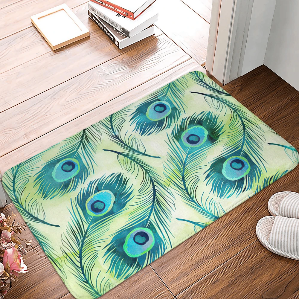 Green Feather Anti-Slip Doormat Kitchen Entrance Door Mat Suede Velvet Carpet Doormat Colorful Indoor Floor Mats Rug