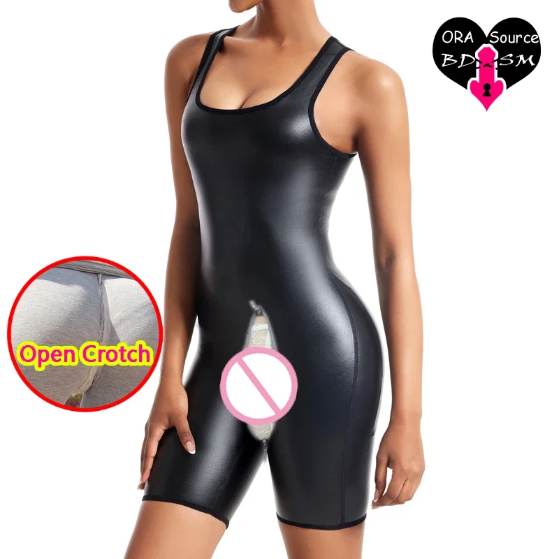 Woman Open Crotch Panties Full Body PU Fake Leather Crotchless Body Shaper Pants Skinny Elastic Material Trousers Outdoor Sex