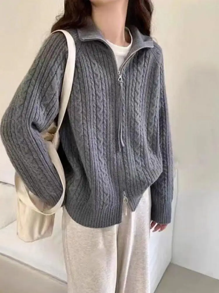 

Korean New Autumn Winter Solid Trend Zipper Cardigan Short Sweaters Women's Long Sleeved Warm Knitted Tops Simplicity Streetwear