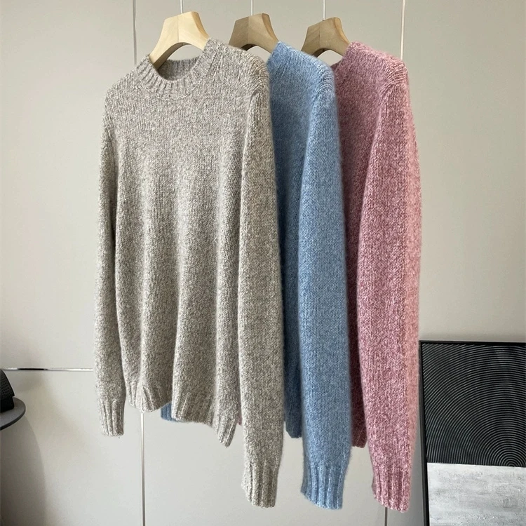 

Blue Knitted Sweater Women's Overhead Mixed Fiber round Neck Knitwear Casual Spring Fashion Soft Comfortable Regular Length