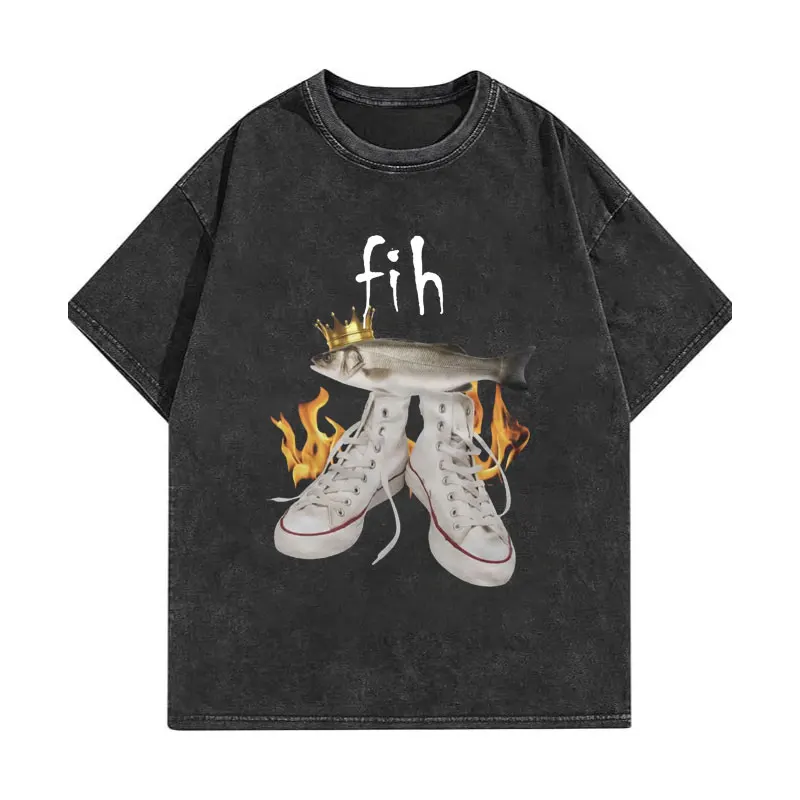

Fih Funny Fish Shoes Meme Graphic T Shirts Men's Women's Fashion Vintage Washed T-shirt Oversized High Quality Cotton T-shirts