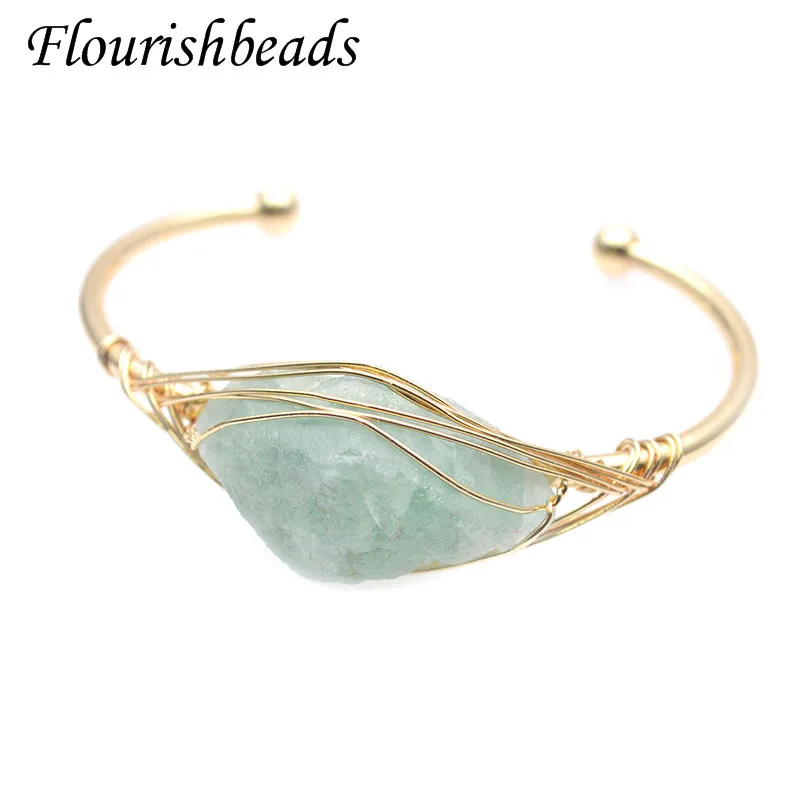 Natural Stone Green Flourite Cuff Bracelets Gold Color Wore Wrap Raw Crystal Quartz Bangle Women Fashion Jewelry Gift