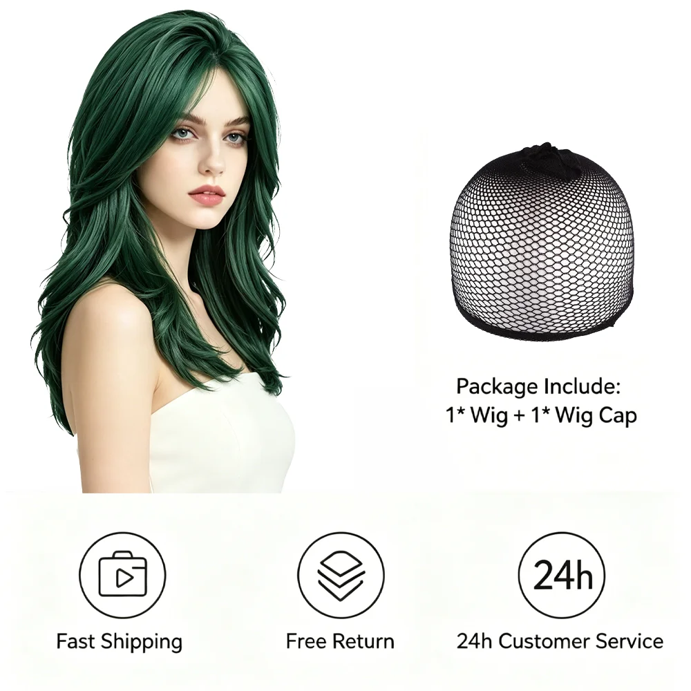 Fashion Dark Green Wig 50cm Medium Long Wavy Curly Wig Natural Looking Synthetic Full Head Wig For Women Party Cosplay Daily Use