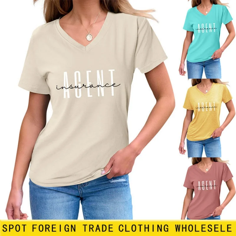 

Стильная летняя футболка оверсайз с короткими рукавами и V-образным вырезом, универсальный топ для женщин.