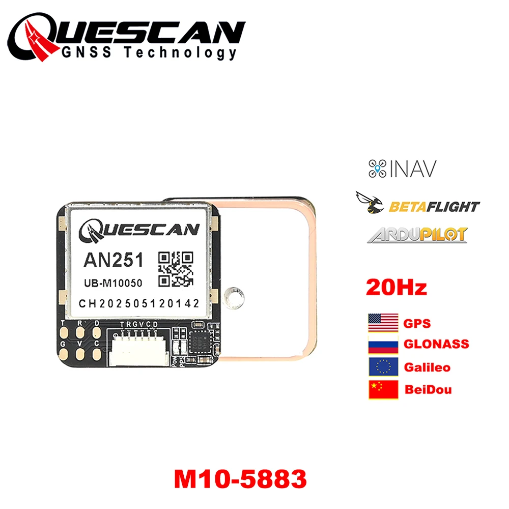 

QUESCAN 25 мм AN251 20 Гц UBX M10 GPS-модуль с компасом GPS Galileo ГЛОНАСС BeiDou GNSS-модуль для радиоуправляемого самолета FPV дальнего действия