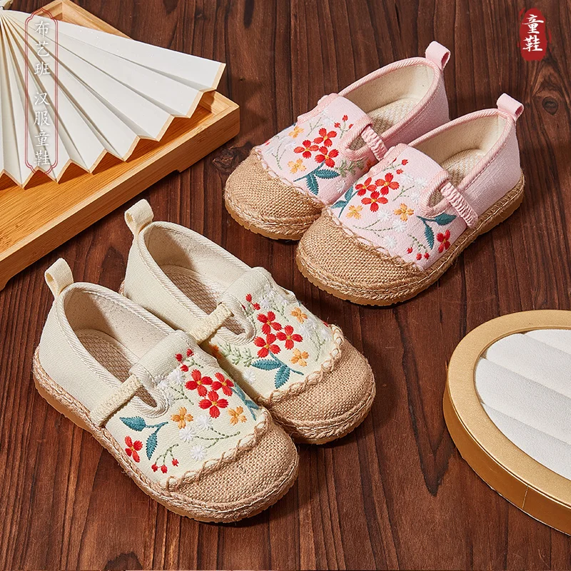 Zapatos Hanfu de tela para niños, zapatos de pescador de lino de viento nacional, estilo chino, vestido Tang bordado, primavera y otoño