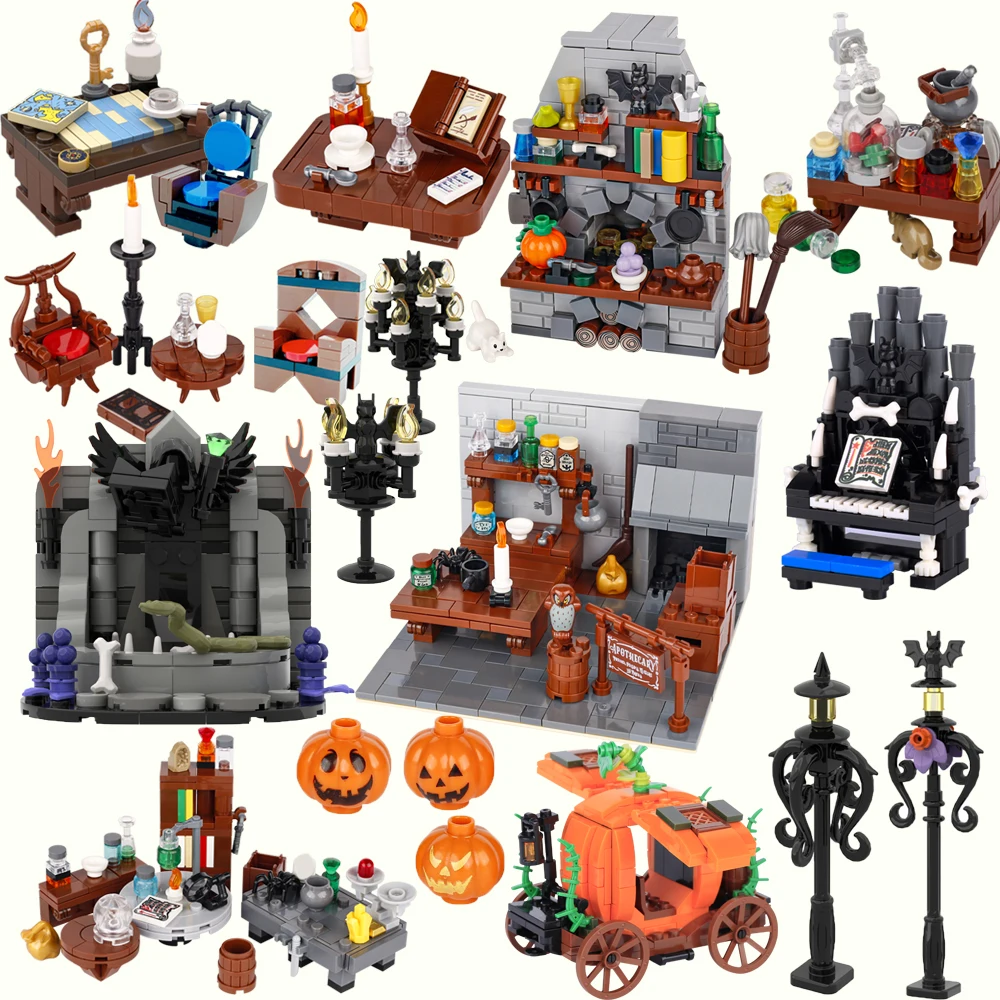 Medieval Witch Hut Building Blocks MOC Mode Magic Potion Bottle  Witch's Kitchen Cartography table Toys Brick Gift