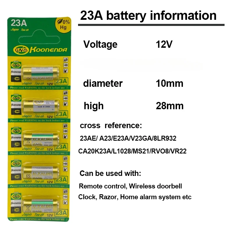 5pcs 12V 23A  Alkaline Battery High Voltage Battery A23 V23GA MN21 Primary Dry Batteries For Calculators Keyfob Remotes Alarms